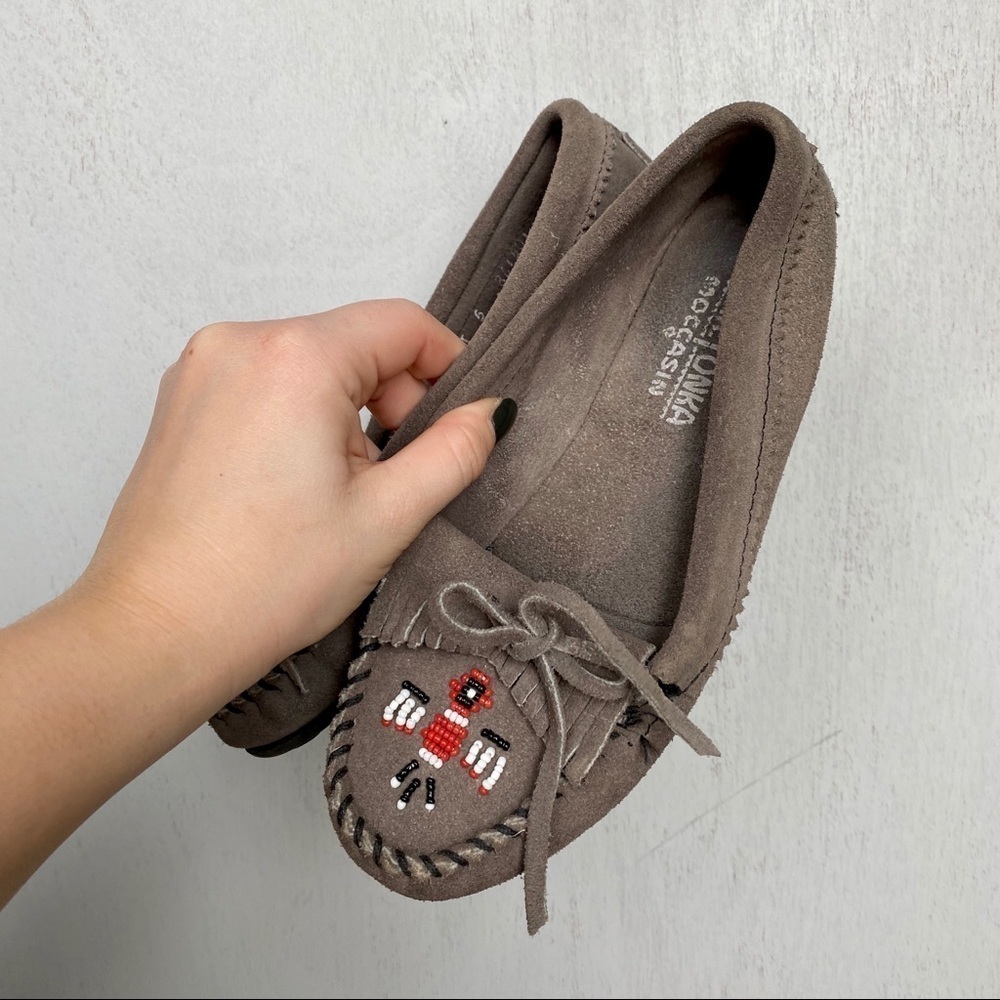 Minnetonka Gray Suede Moccasins | Beaded Slip-On Flats with Bow